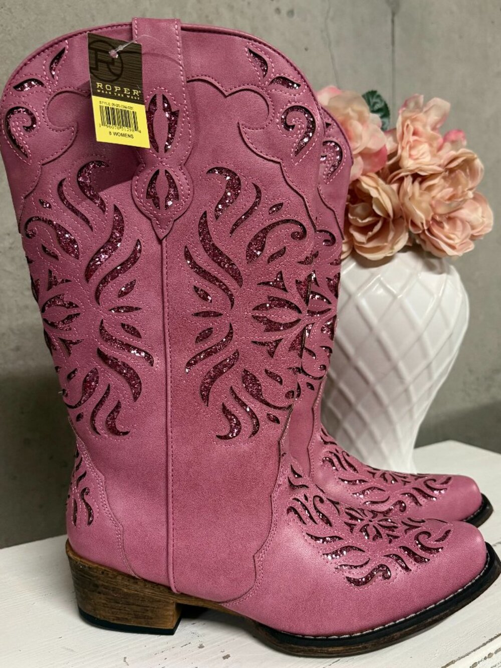 NWT Roper Pink With Glitter Inlay Western Boots, Size 8